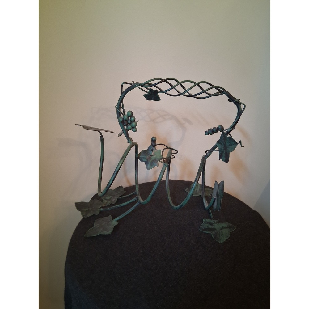 Vintage Verdigris Wrought Iron Grapevine Single Bottle Wine Rack Holder Spiral